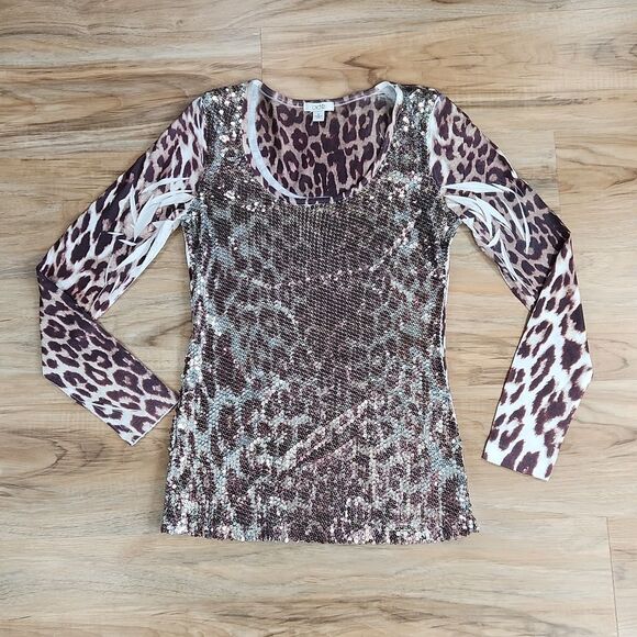 🔹️Cache Brown & Cream Sequined Leopard Burnout Long Sleeve Top Small - Picture 2 of 12